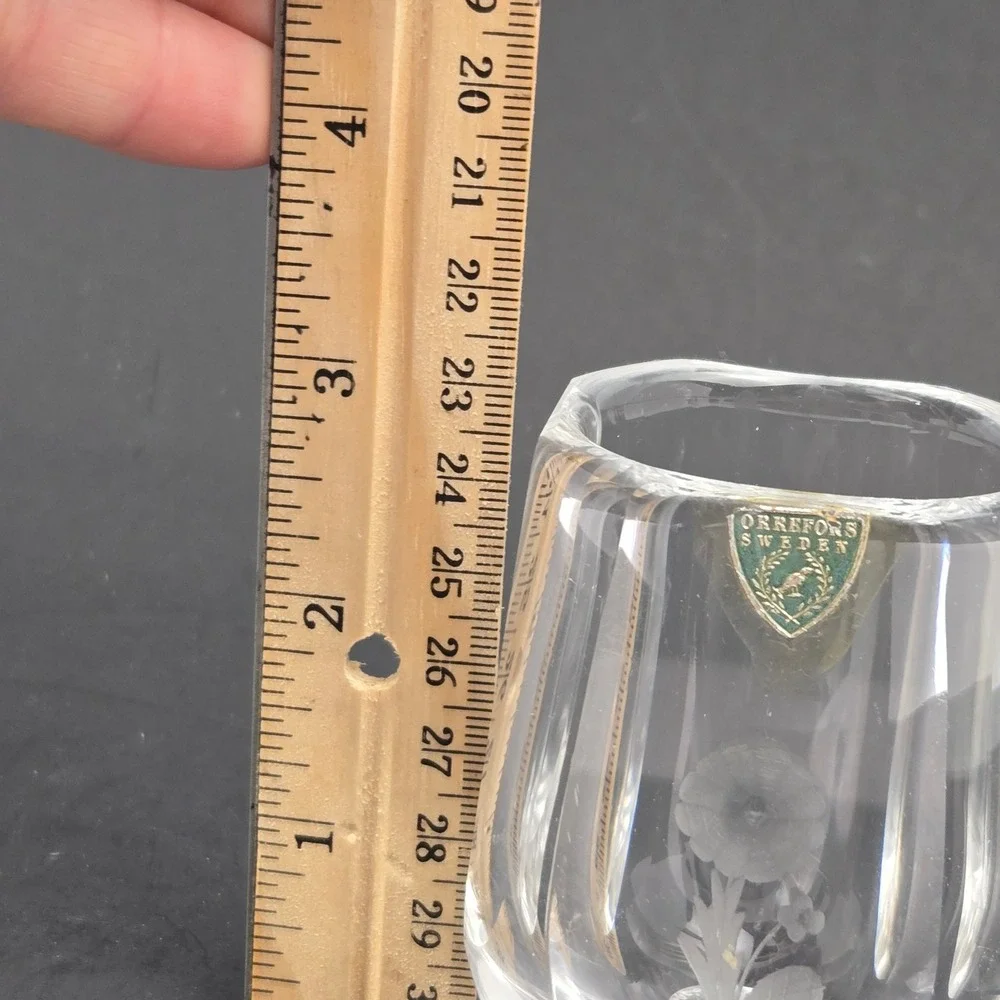 Orrefors Sweden Crystal Bud Vase Etched Flower Signed Vintage Glass 2.75